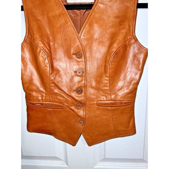 Vintage SHEEP MATES Cognac Leather Fitted Lined Vest Five Button Sz 8 - Picture 3 of 10